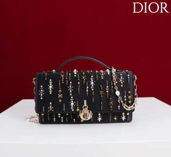 Uubags My Dior Mini Top Handle Bag in Black Cannage Embroidery with Crystals 21x11.5x4cm
