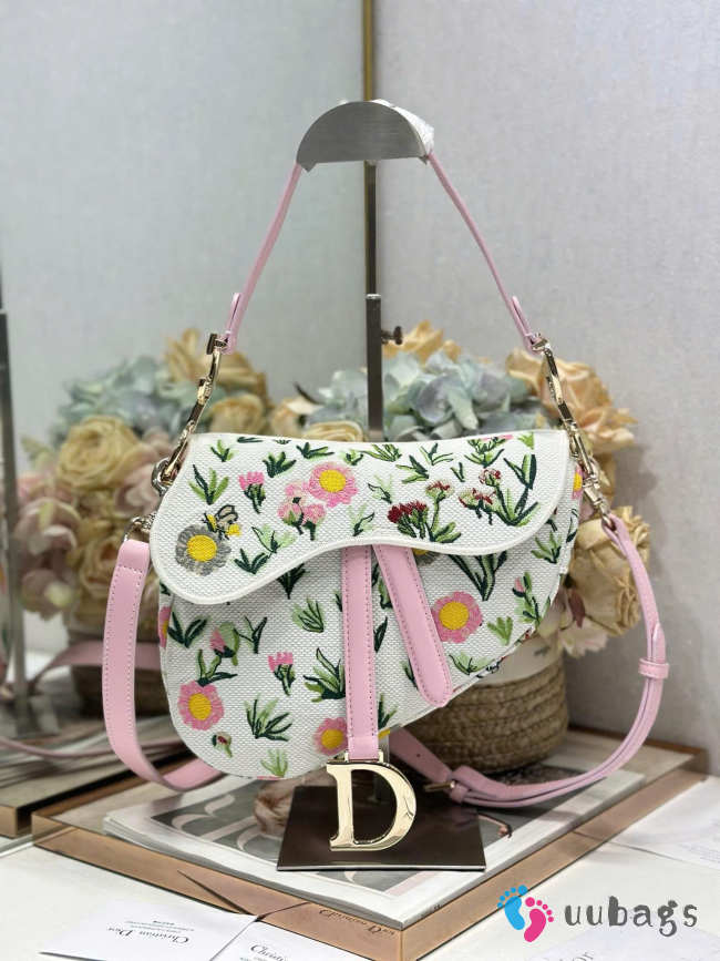 Uubags Dior Saddle Bag Floral Embroidery Pink/White 25.5x20x6.5cm - 1