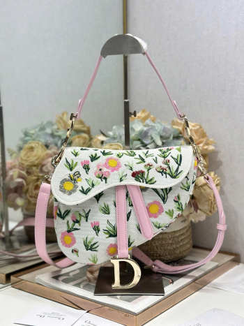 Uubags Dior Saddle Bag Floral Embroidery Pink/White 25.5x20x6.5cm