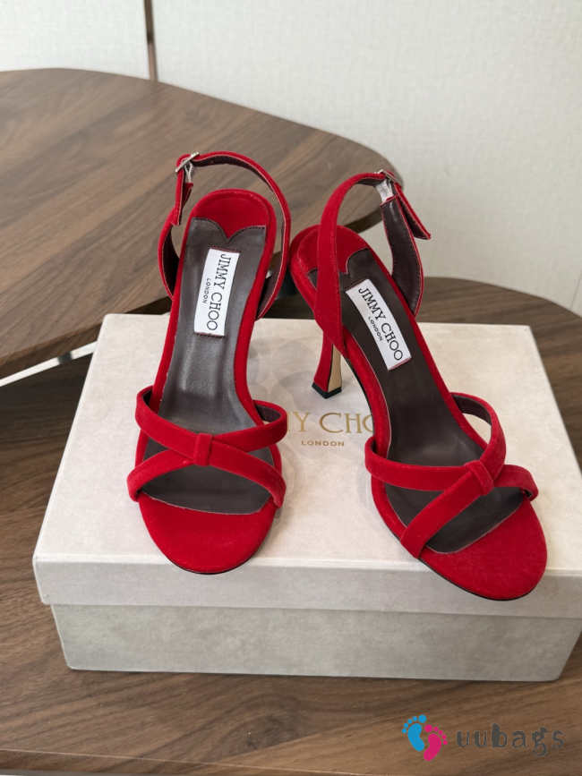 Uubags Jimmy Choo Elsy 100 Sunset Red Suede Crossover Slingbacks - 1
