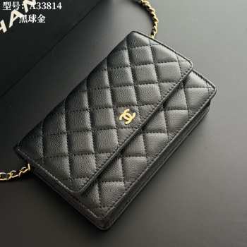 Uubags Chanel Black Caviar Leather Wallet on Chain With Gold Hardware 19x12x4cm