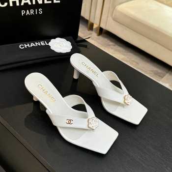 Uubags Chanel White Calfskin Leather Camellia Heel Mules 5.5cm