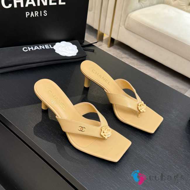 Uubags Chanel Beige Calfskin Leather Camellia Heel Mules 5.5cm - 1