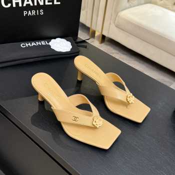 Uubags Chanel Beige Calfskin Leather Camellia Heel Mules 5.5cm