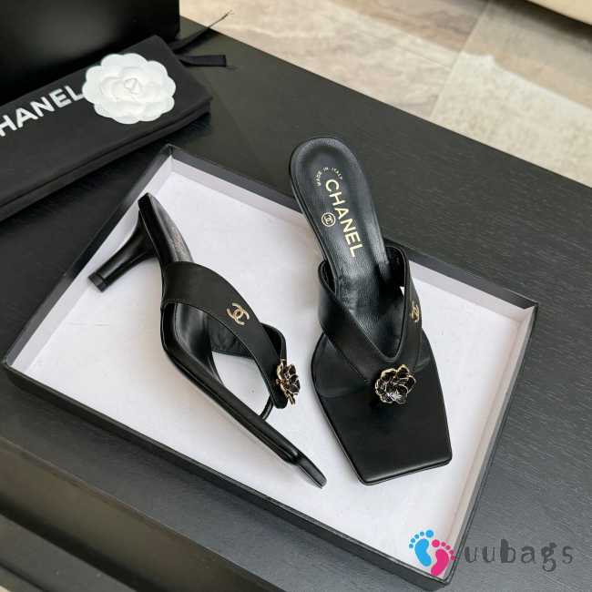 Uubags Chanel Black Calfskin Leather Camellia Heel Mules 5.5cm - 1