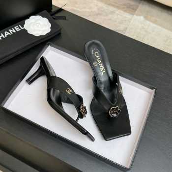Uubags Chanel Black Calfskin Leather Camellia Heel Mules 5.5cm