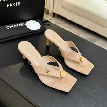 Uubags Chanel Beige Suede Leather Camellia Heel Mules 5.5cm