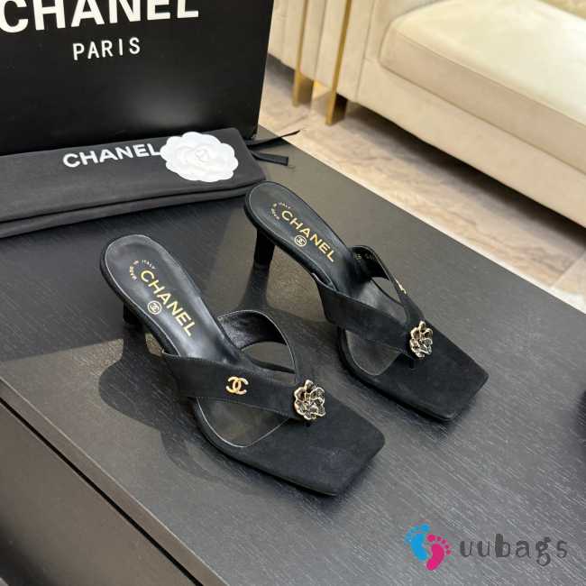 Uubags Chanel Black Suede Leather Camellia Heel Mules 5.5cm - 1