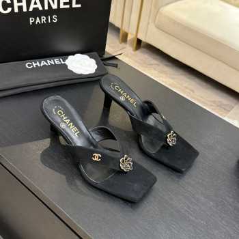 Uubags Chanel Black Suede Leather Camellia Heel Mules 5.5cm