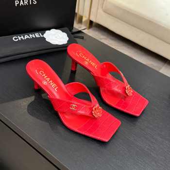 Uubags Chanel Red Patent Crocodile Leather Camellia Heel Mules 5.5cm