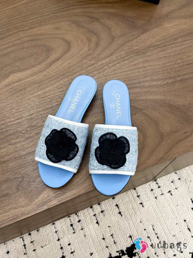 Uubags Chanel Camellia Tweed Slides In Blue - 1