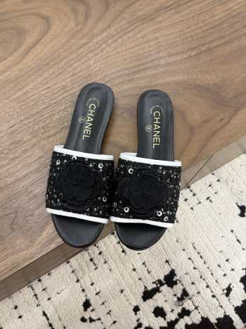 Uubags Chanel Camellia Tweed Slides In Black