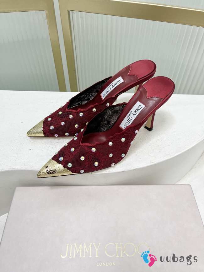 Uubags Jimmy Choo Burgundy Lace Crystal Mules with Gold Cap Toe 8cm - 1