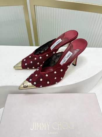 Uubags Jimmy Choo Burgundy Lace Crystal Mules with Gold Cap Toe 8cm