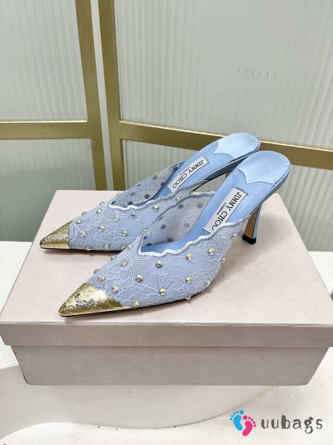 Uubags Jimmy Choo Blue Lace Crystal Mules with Gold Cap Toe 8cm - 1