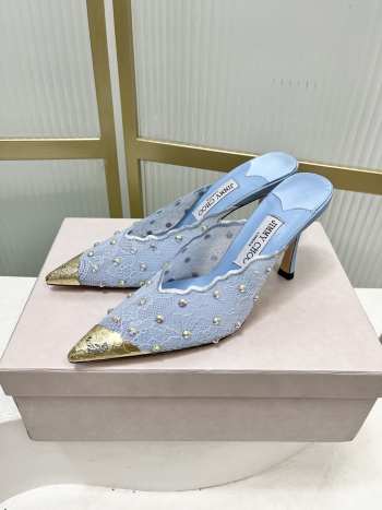 Uubags Jimmy Choo Blue Lace Crystal Mules with Gold Cap Toe 8cm