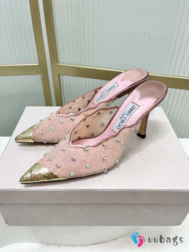 Uubags Jimmy Choo Rose Lace Crystal Mules with Gold Cap Toe 8cm - 1