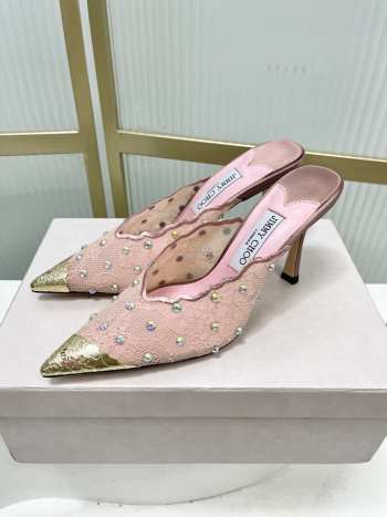 Uubags Jimmy Choo Rose Lace Crystal Mules with Gold Cap Toe 8cm