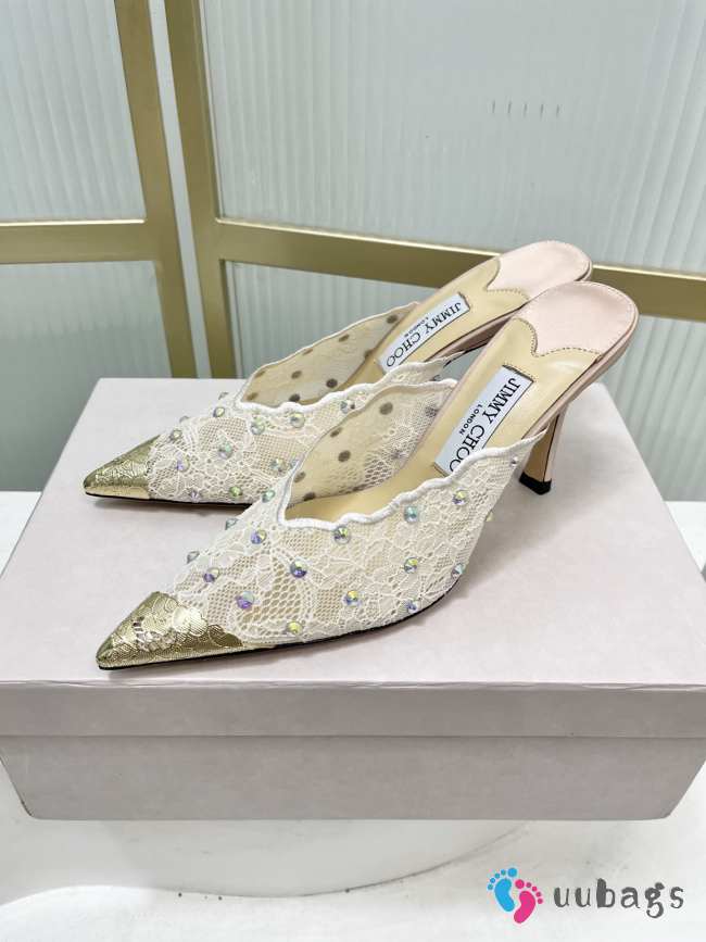 Uubags Jimmy Choo Ivory Lace Crystal Mules with Gold Cap Toe 8cm - 1