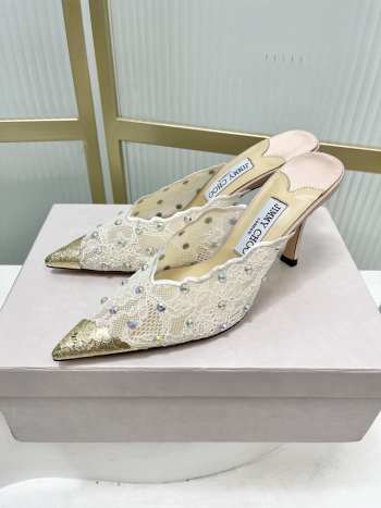 Uubags Jimmy Choo Ivory Lace Crystal Mules with Gold Cap Toe 8cm