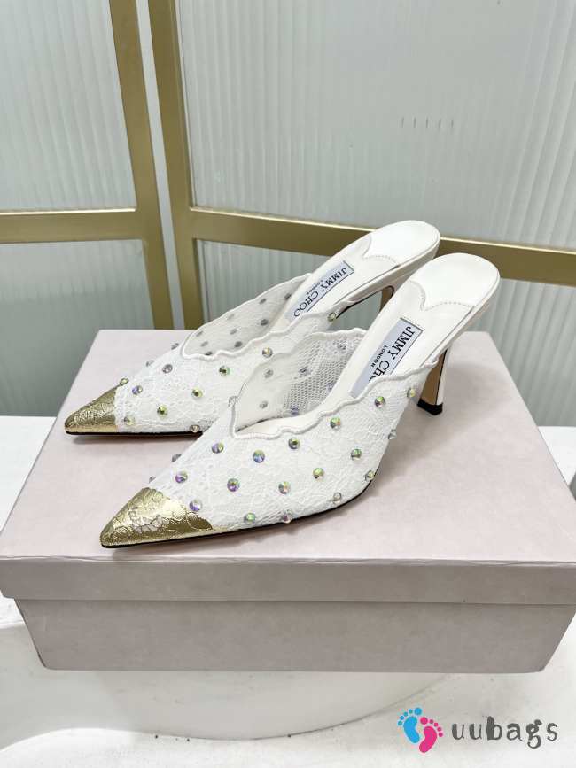 Uubags Jimmy Choo White Lace Crystal Mules with Gold Cap Toe 8cm - 1