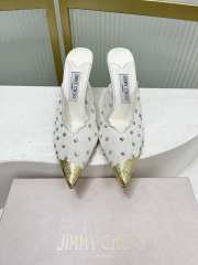 Uubags Jimmy Choo White Lace Crystal Mules with Gold Cap Toe 8cm - 6