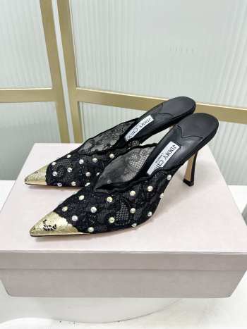 Uubags Jimmy Choo Black Lace Crystal Mules with Gold Cap Toe 8cm