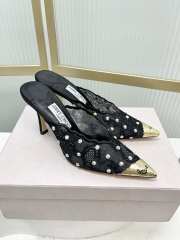 Uubags Jimmy Choo Black Lace Crystal Mules with Gold Cap Toe 8cm - 2