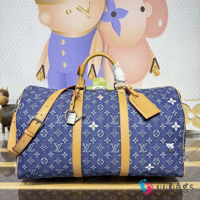 Uubags Louis Vuitton M27781 Keepall 50 Bag In Blue Monogram Denim Flowers Material 50x29x23cm - 1