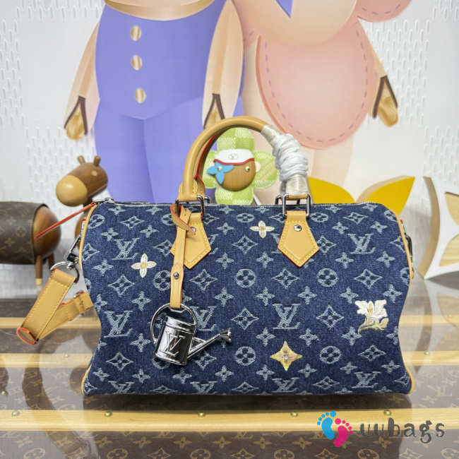Uubags Louis Vuitton M27556 Speedy 30 Bandoulière Bag In Blue Monogram Denim Flowers Material 34x22x19cm - 1
