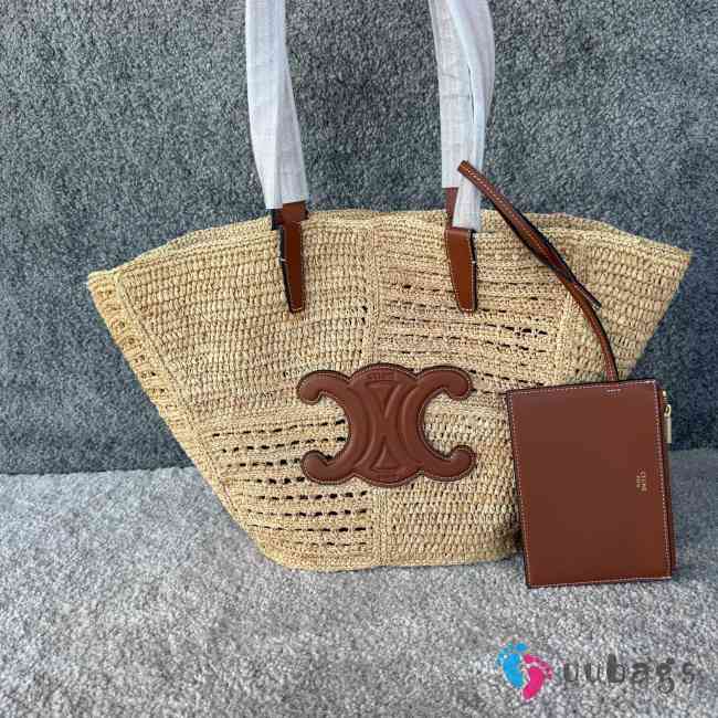 Uubags Celine Medium Triomphe Raffia Basket Tote Bag in Natural & Tan Leather 23x31x17cm - 1