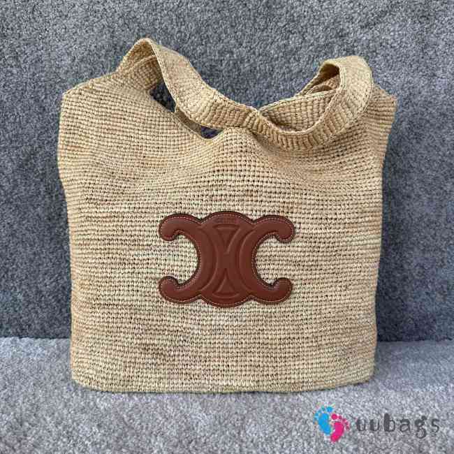 Uubags Celine Classic Panier Shopper Cabas In Raffia And Calfskin - Natural/Tan 32.5x28x20cm - 1