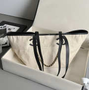 Uubags Chanel Small Shopping Bag Canvas, Calfskin & Gold-Tone Metal In Ecru & Black 19x45x21cm - 5