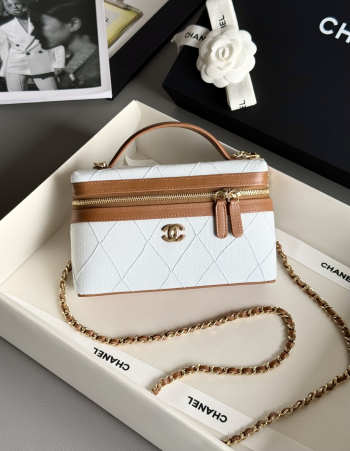 Uubags Chanel Coco Beach Top Handle Vanity Case with Chain Light Blue Denim and Brown Calfskin Gold Hardware 17x19.5x5.5cm