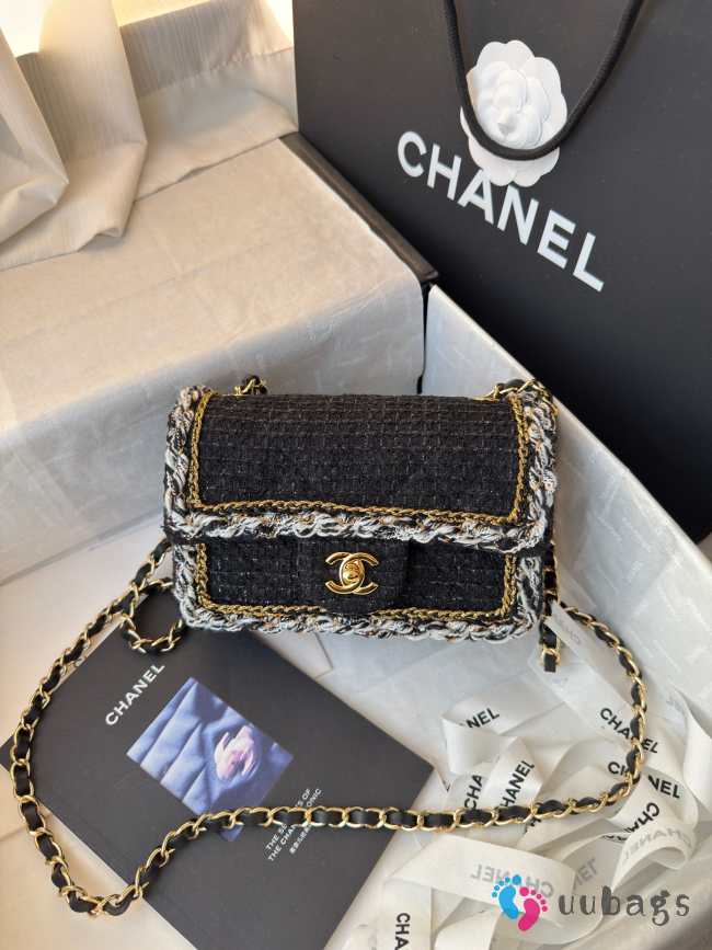 Uubags Chanel small classic handbag cotton tweed & gold-tone metal in black 20cm - 1