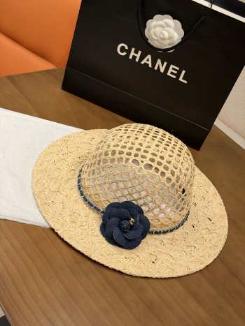Uubags Chanel Denim Camellia Straw Hat In Natural