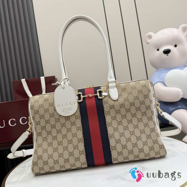 Uubags Gucci Borsetto large boston bag in sand and brown GG canvas 38.5x22.5x13cm - 1