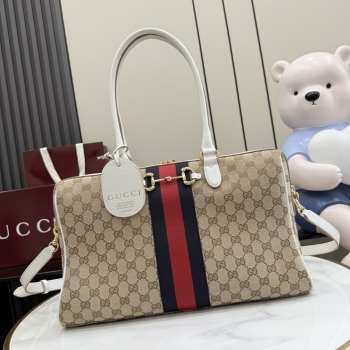 Uubags Gucci Borsetto large boston bag in sand and brown GG canvas 38.5x22.5x13cm