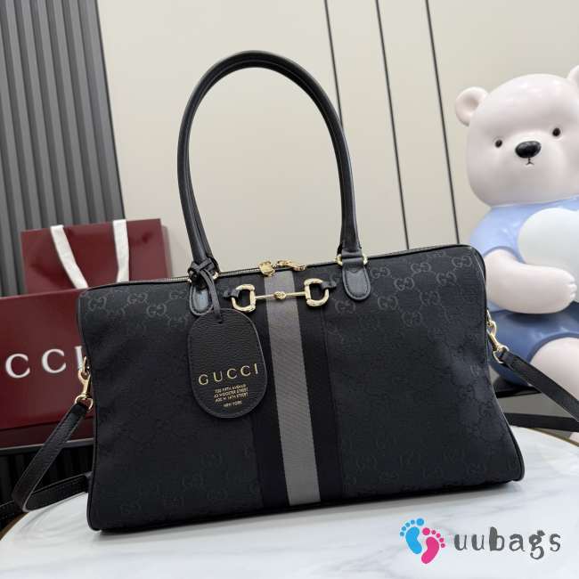 Uubags Gucci Borsetto large boston bag in grey and black GG canvas 38.5x22.5x13cm - 1