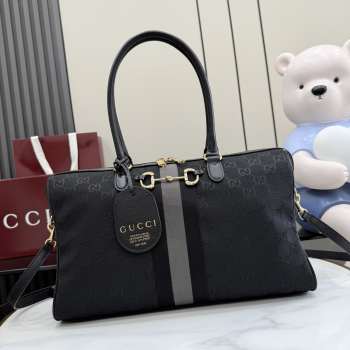 Uubags Gucci Borsetto large boston bag in grey and black GG canvas 38.5x22.5x13cm
