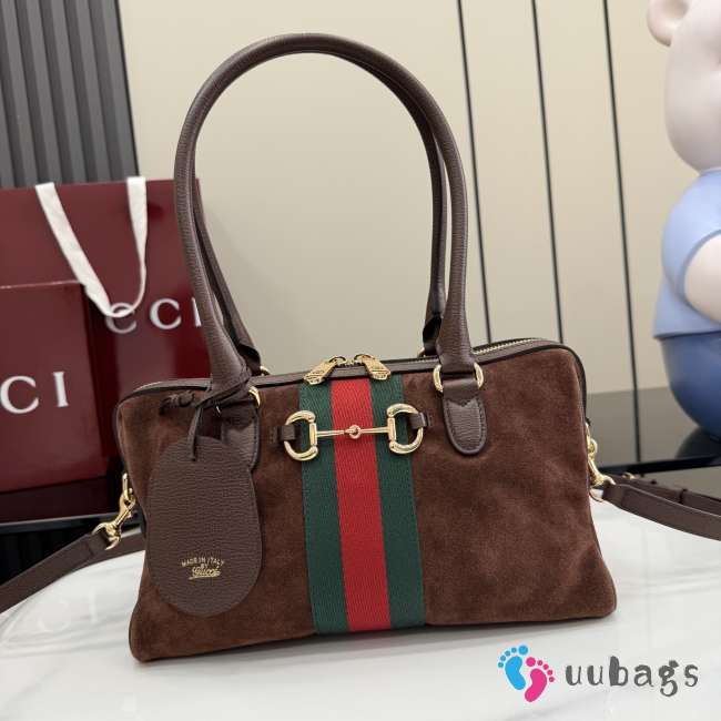 Uubags Gucci Borsetto Medium Boston Bag In Dark Brown Suede 28x15x10cm - 1