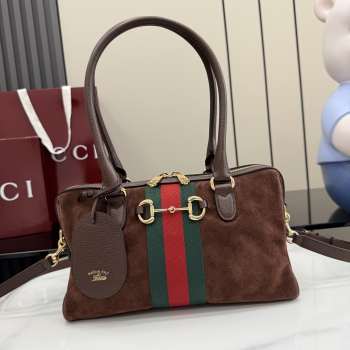 Uubags Gucci Borsetto Medium Boston Bag In Dark Brown Suede 28x15x10cm