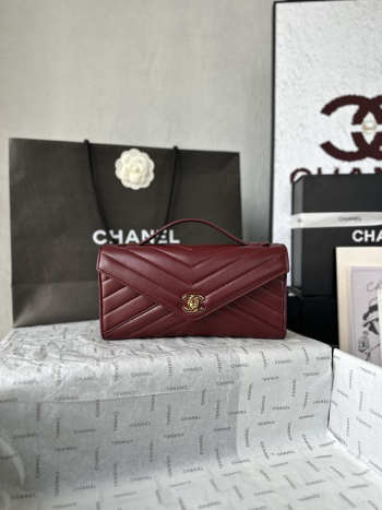 Uubags Chanel AS6044 Lambskin Chevron Quilted Top Handle Envelope Clutch Burgundy 26x13x5cm