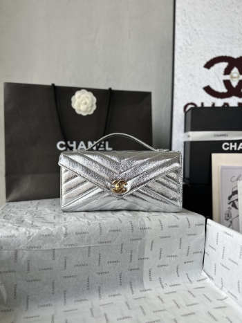 Uubags Chanel AS6044 Chevron Clutch Metallic Silver Aged Calfskin Gold Hardware 26x13x5cm