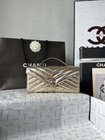 Uubags Chanel AS6044 Chevron Clutch Metallic Gold Aged Calfskin Silver Hardware 26x13x5cm