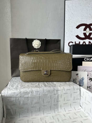 Uubags Chanel Vintage Crocodile Medium Double Flap Bag In Dark Khaki 19.5x32x10cm