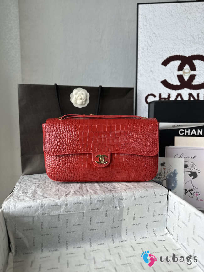Uubags Chanel Vintage Crocodile Medium Double Flap Bag In Red 19.5x32x10cm - 1