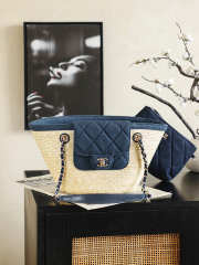 Uubags Chanel medium shopping bag straw, canvas, sheepskin & gold-colored metal dark blue 18x41x13cm - 1