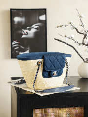 Uubags Chanel medium shopping bag straw, canvas, sheepskin & gold-colored metal dark blue 18x41x13cm - 2