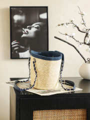 Uubags Chanel medium shopping bag straw, canvas, sheepskin & gold-colored metal dark blue 18x41x13cm - 4